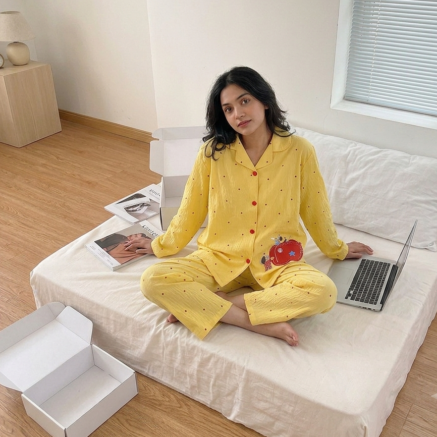 Sunny Apple Padded Pajama Set in cheerful yellow with comfortable fit, ZeroBra's cozy Indian sleepwear collection