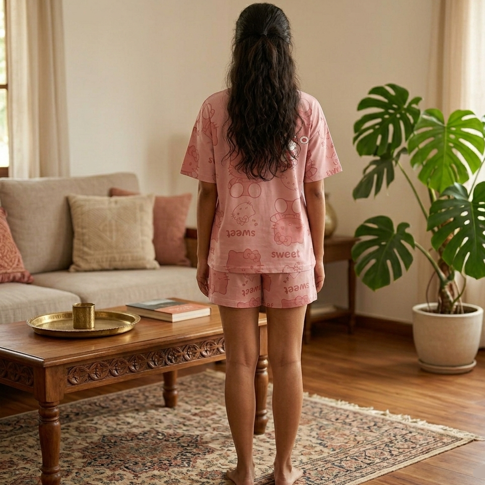 Sweet Kitty Dream Lounge Set in soft pink with built-in padded bra, comfortable Indian nightwear by ZeroBra