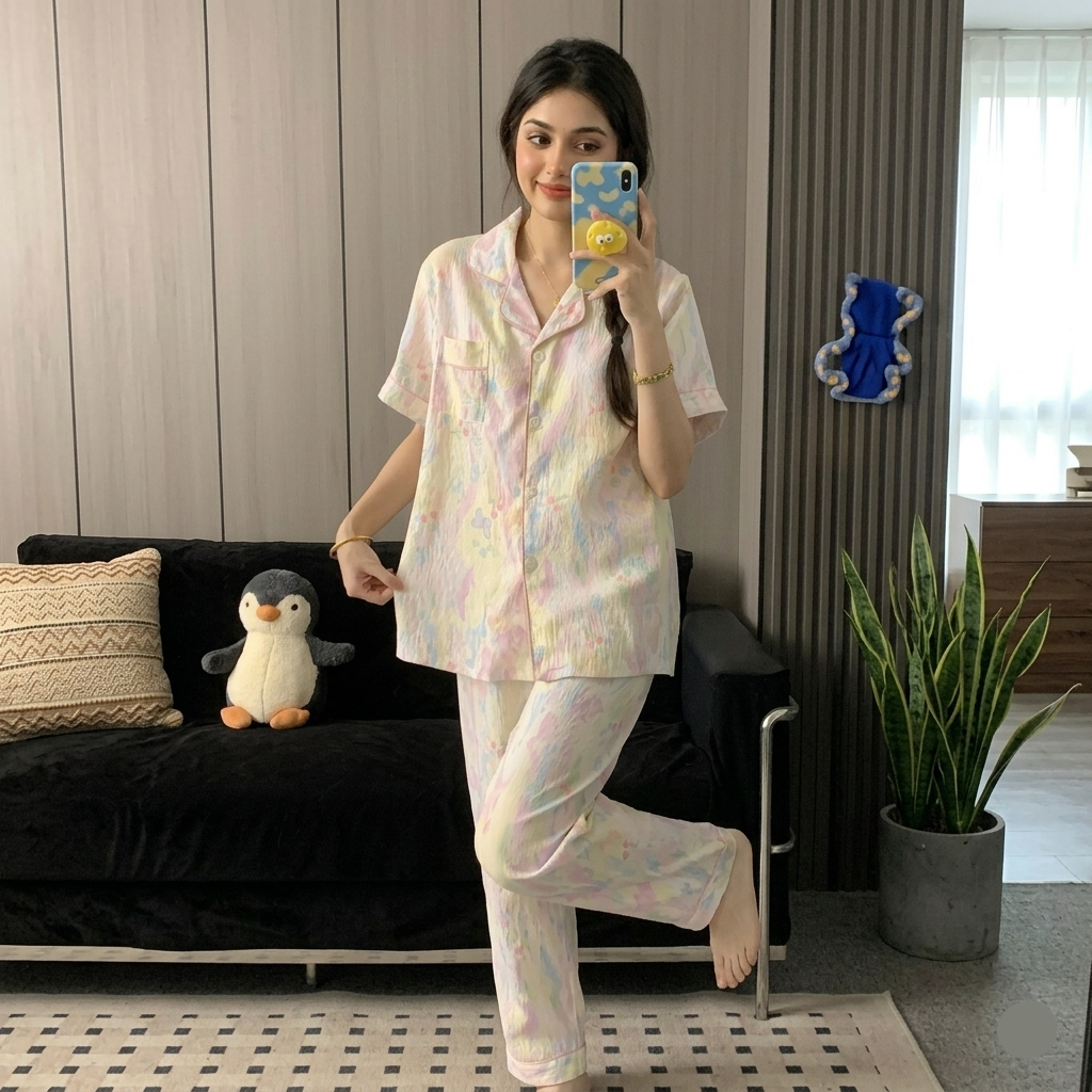 Pastel Dreamscape padded PJ set in soft candy cloud colors, comfortable Indian loungewear by ZeroBra