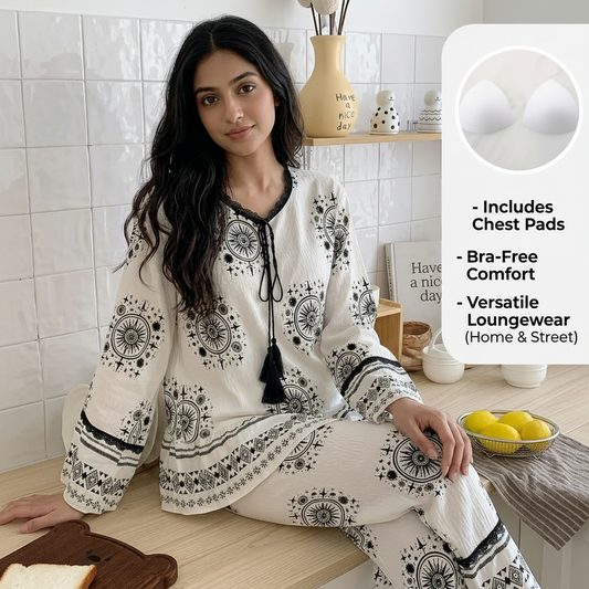 Midnight Boho Bliss Lounge Set in dark blue with built-in padded bra, comfortable Indian nightwear by ZeroBra