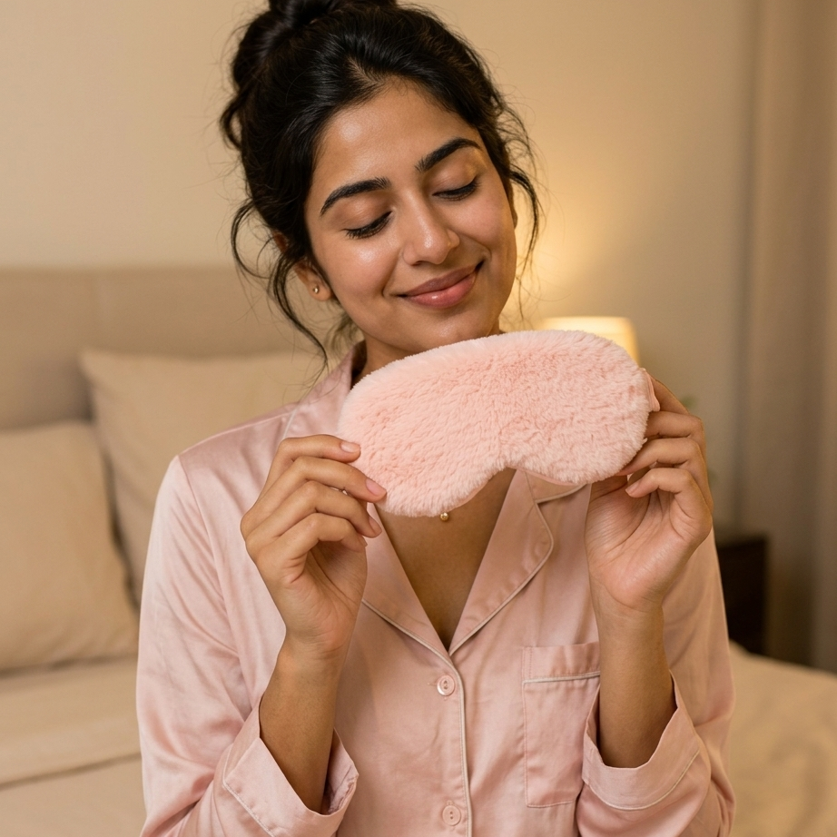 ZeroBra Peach Bliss Plush Sleep Eye Mask in soft peach, cozy and comfortable bedtime accessory