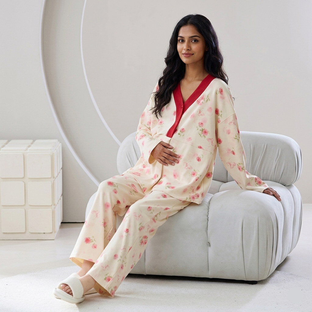 Maternity Rosé Bloom PJ Set in soft pink floral print with padded top, comfortable Indian maternity wear by ZeroBra