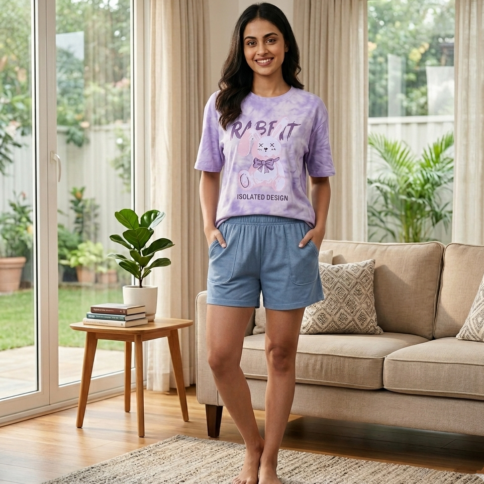 Lavender Bunny Breeze Lounge Set in soft purple with built-in padded bra, comfortable Indian loungewear by ZeroBra