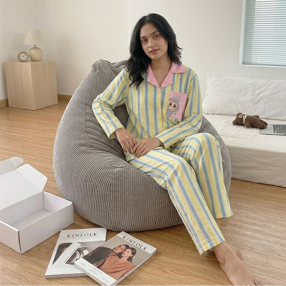Candy Stripe Cartoon Padded Pajama Set in playful print - comfortable sleepwear by ZeroBra Indian brand