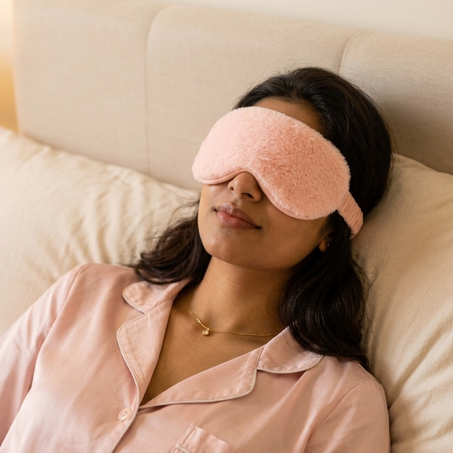 ZeroBra Peach Bliss Plush Sleep Eye Mask in soft peach, comfortable padded design for restful sleep
