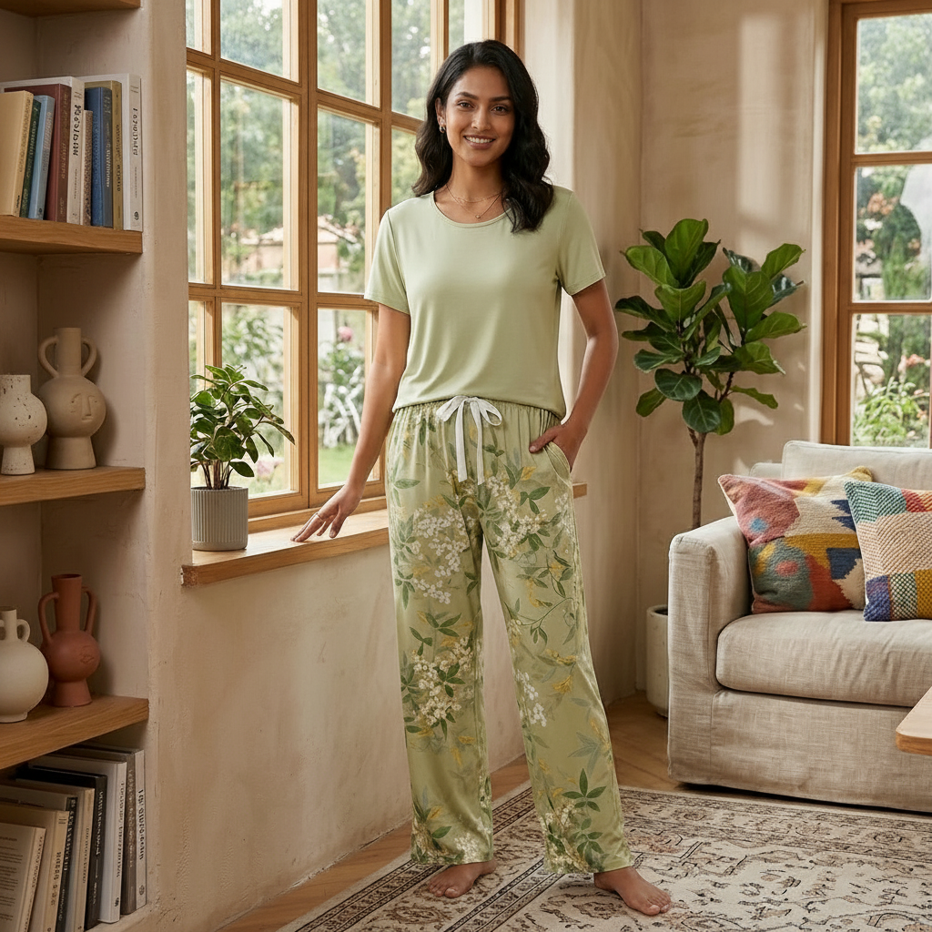 Olive green Olive Blossom Lounge Set with built-in padded bra, comfortable Indian nightwear by ZeroBra
