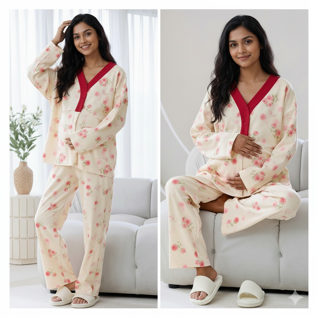 ZeroBra Maternity Rosé Bloom PJ Set in soft pink with padded comfort, designed for Indian mothers-to-be