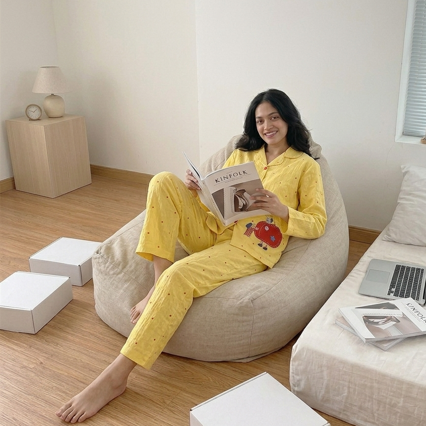 Sunny Apple Padded Pajama Set in bright yellow with comfortable fit, ZeroBra's cozy Indian sleepwear collection