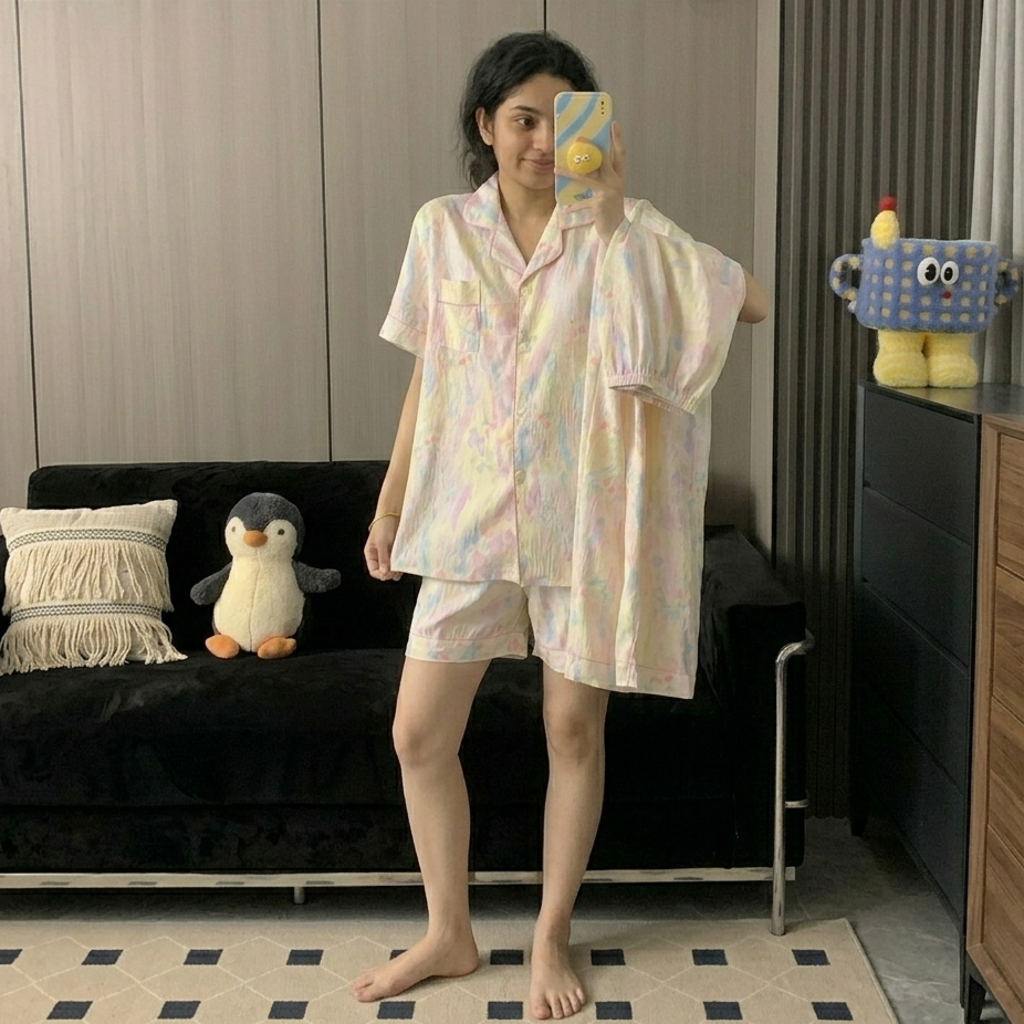 Pastel Dreamscape 3-piece padded PJ set in soft candy cloud colors, comfortable Indian lingerie by ZeroBra