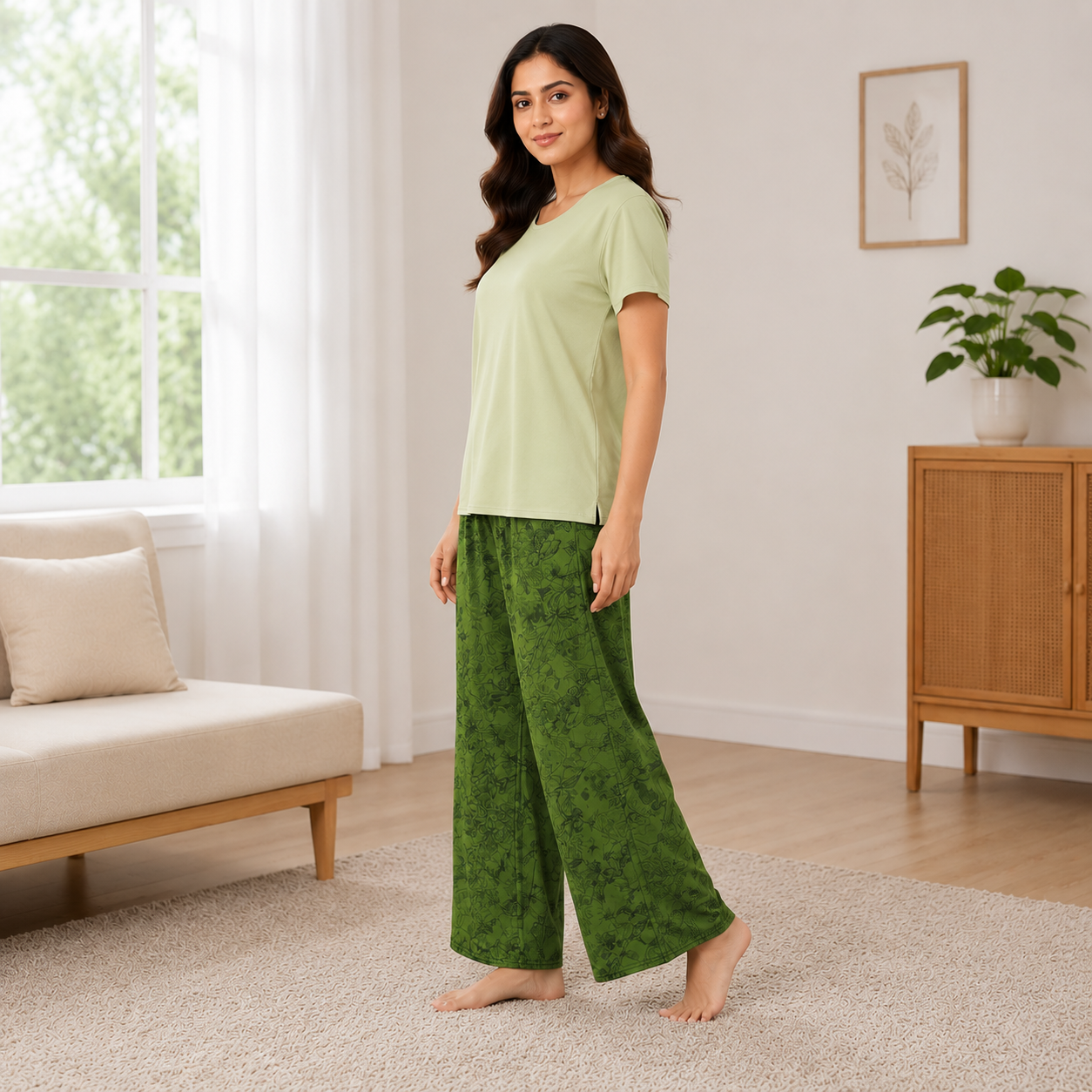 Verdant Bloom green padded lounge set with comfortable built-in bra support, Indian nightwear by ZeroBra