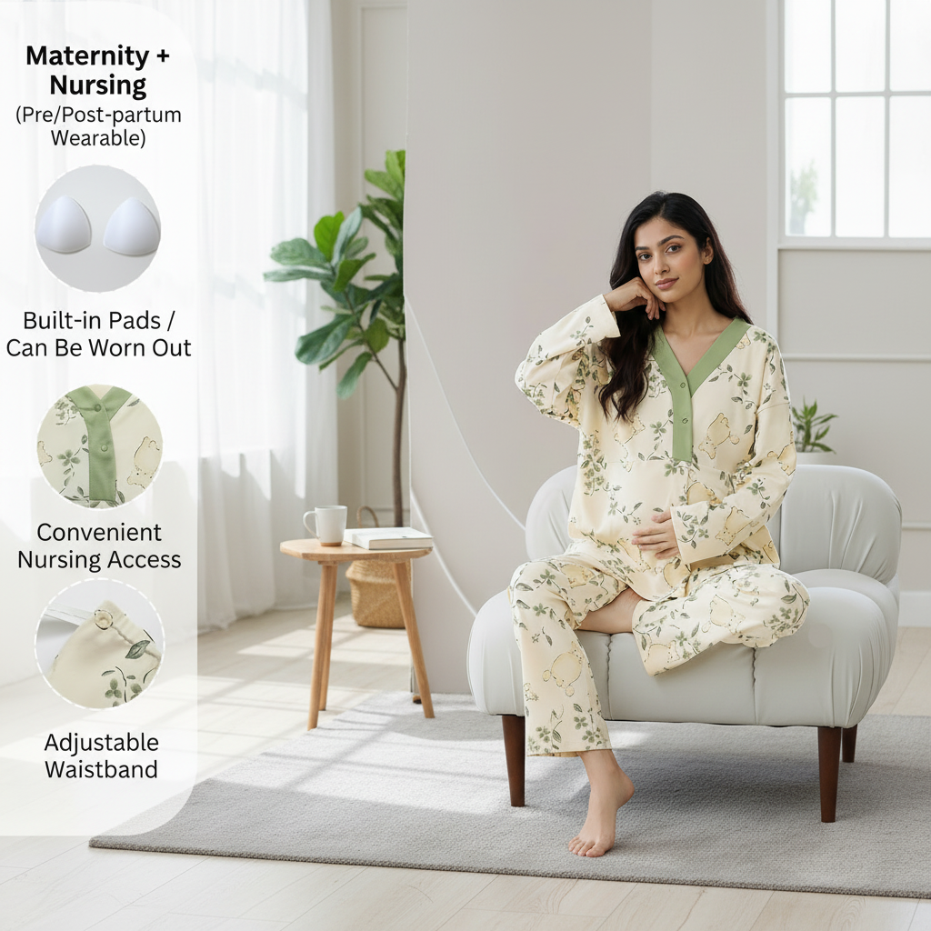 Maternity Meadow Bear PJ Set in soft pastel tones with padded comfort bra top, comfortable Indian maternity wear by ZeroBra