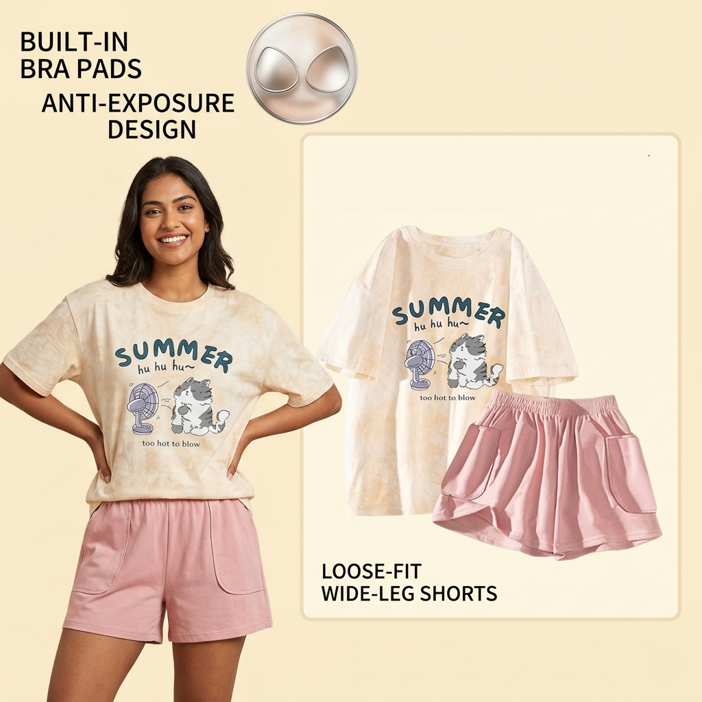 Peachy Summer Puff Lounge Set in soft peach color showing comfortable padded bra top and matching bottoms