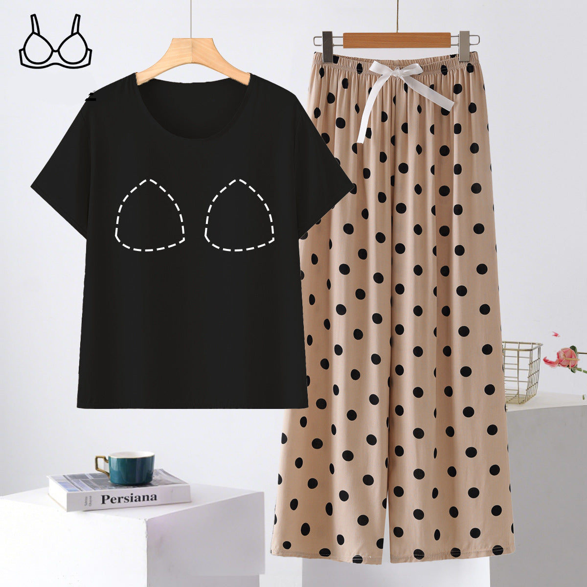 Parisian Polka Lounge Set in polka dot print - comfortable Indian nightwear with built-in padded bra by ZeroBra