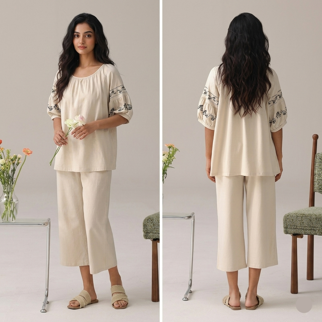 ZeroBra Moonlit Meadow embroidered ivory pajama lounge set with delicate patterns, comfortable Indian sleepwear
