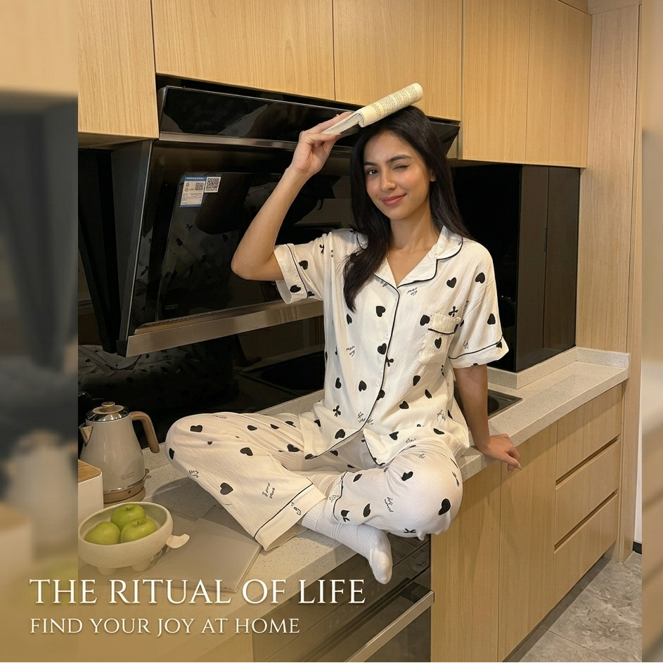 Midnight Hearts 3-Piece Padded PJ Set in monochrome design by ZeroBra - comfortable Indian loungewear collection