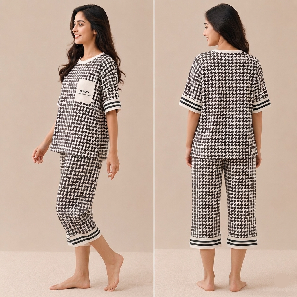 Monochrome Muse pajama set in black and white featuring built-in padded bra for comfortable Indian sleepwear
