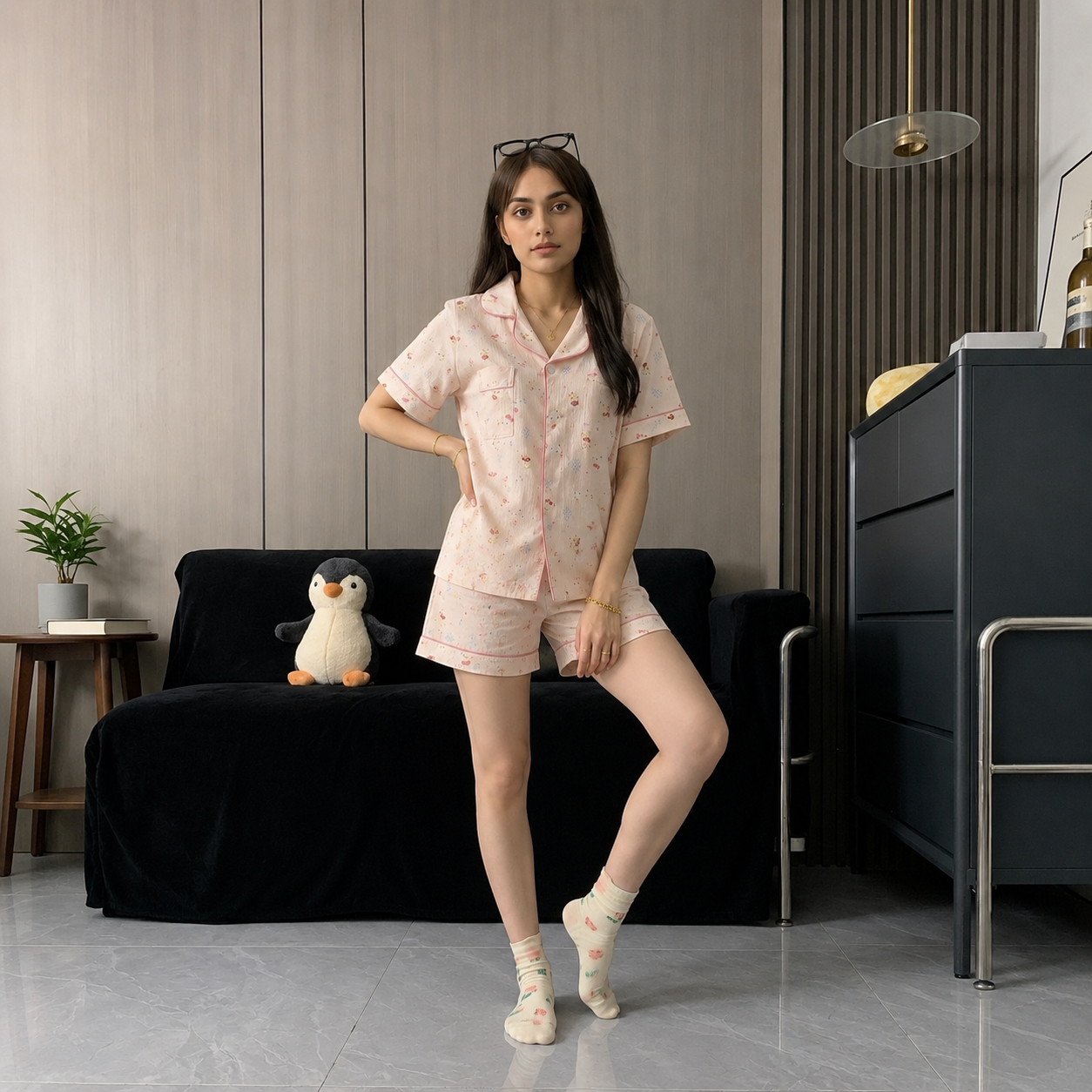 Blush pink Kitty pajama set with built-in padded bra, comfortable 3-piece Indian loungewear from ZeroBra