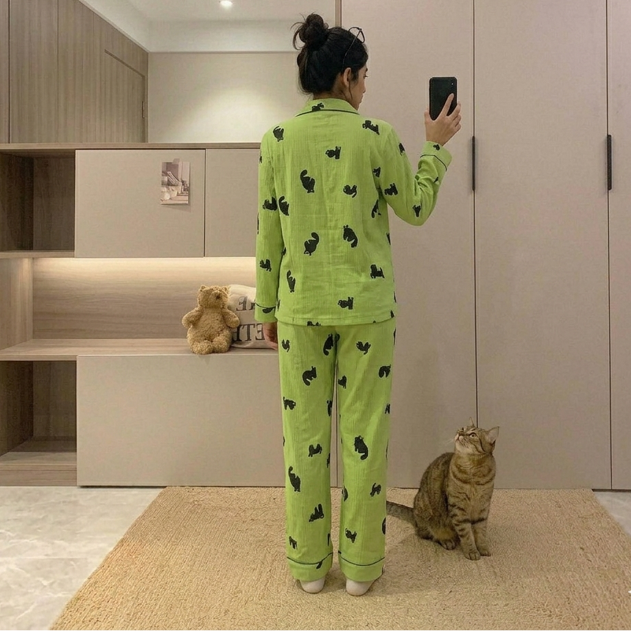 Matcha green pajama set with cute cat print, comfortable padded bra top and matching bottoms from ZeroBra India