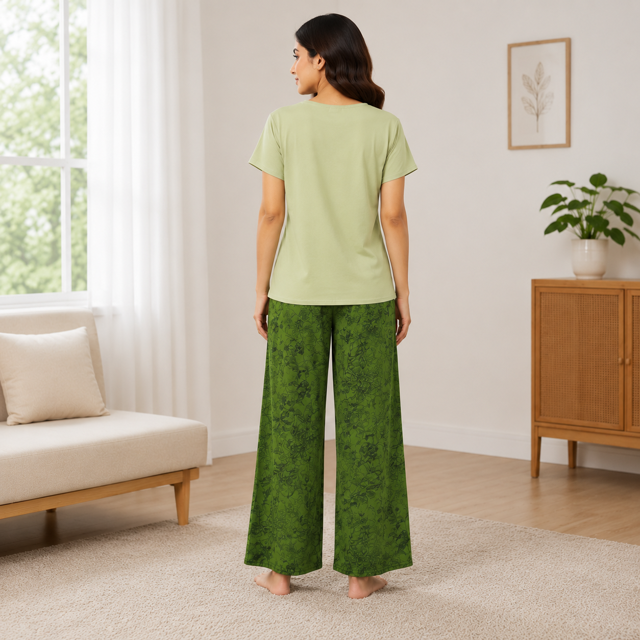 Verdant Bloom green padded lounge set with comfortable bra top and matching pajama pants from ZeroBra India