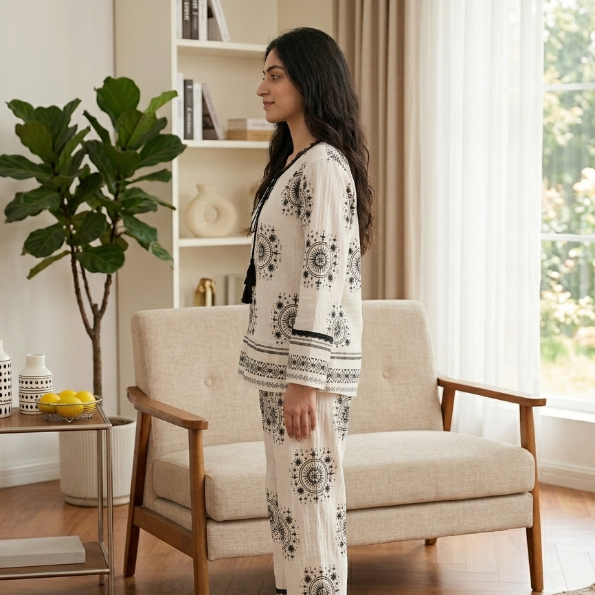 Dark navy Midnight Boho Bliss pajama set with built-in padded bra, comfortable Indian loungewear by ZeroBra