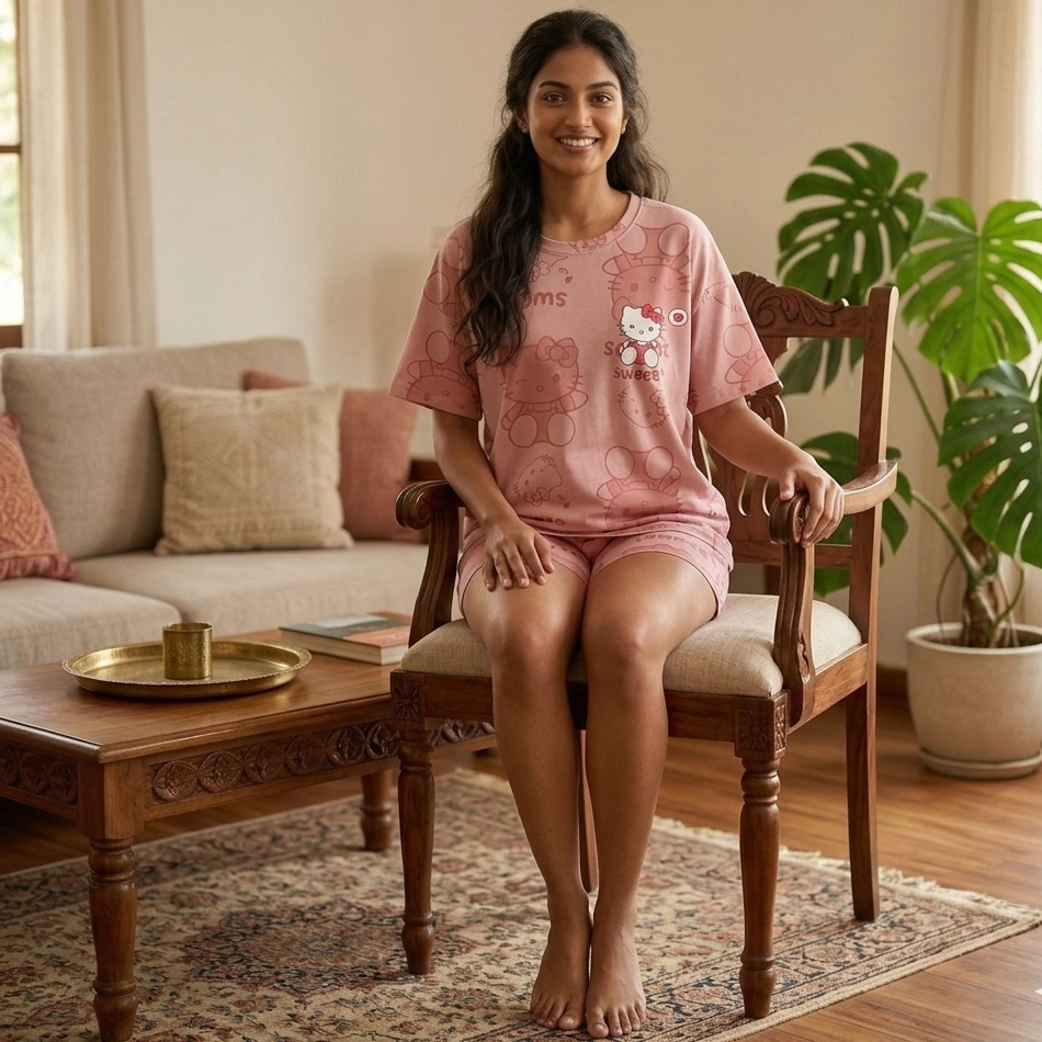 Sweet Kitty Dream Lounge Set in soft pink with built-in padded bra, comfortable Indian nightwear by ZeroBra