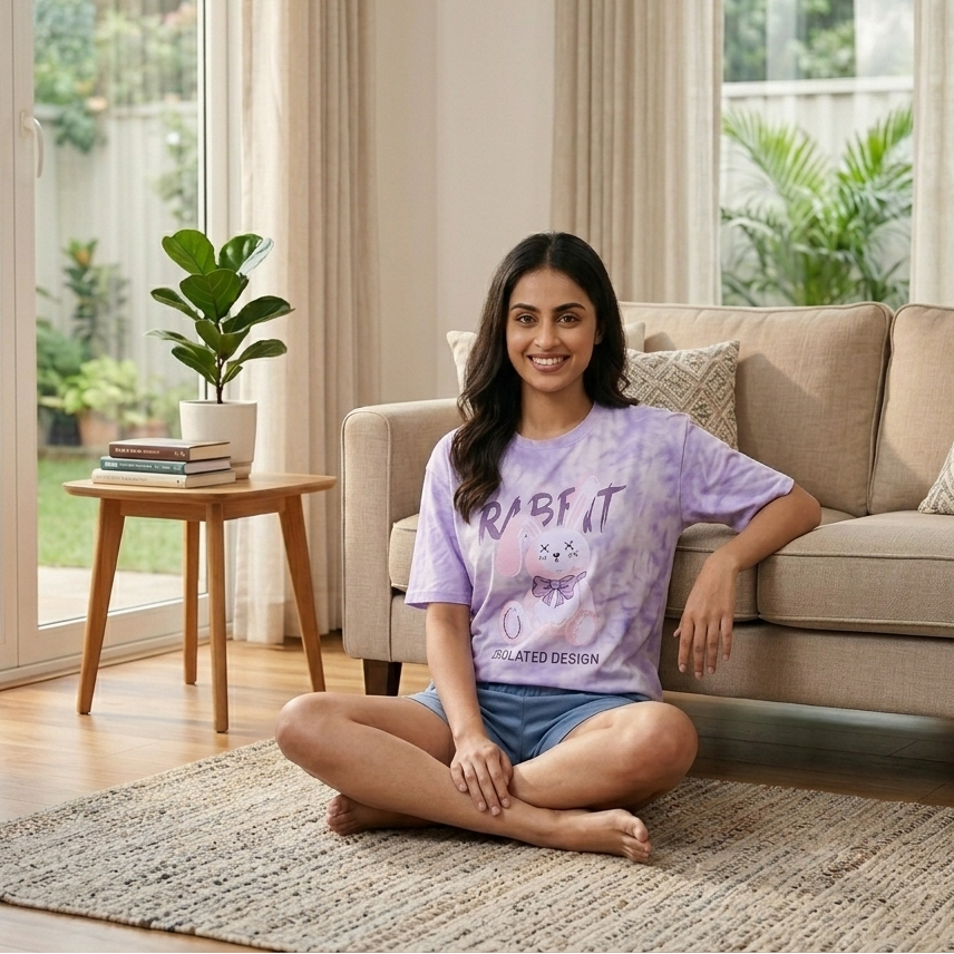 Lavender Bunny Breeze Lounge Set in soft purple with built-in padded bra, comfortable Indian loungewear by ZeroBra