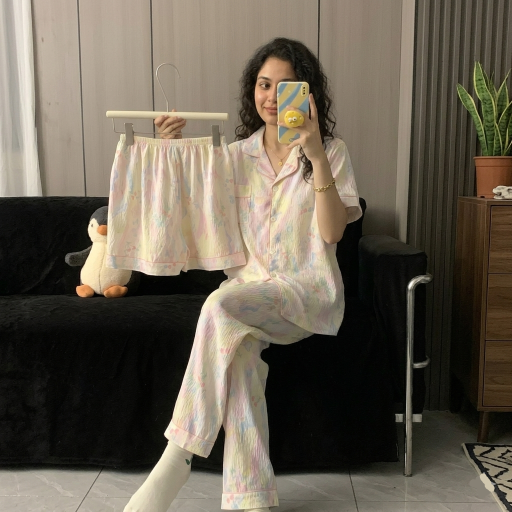 Pastel Dreamscape 3-piece padded PJ set in soft candy cloud colors, comfortable Indian lingerie by ZeroBra