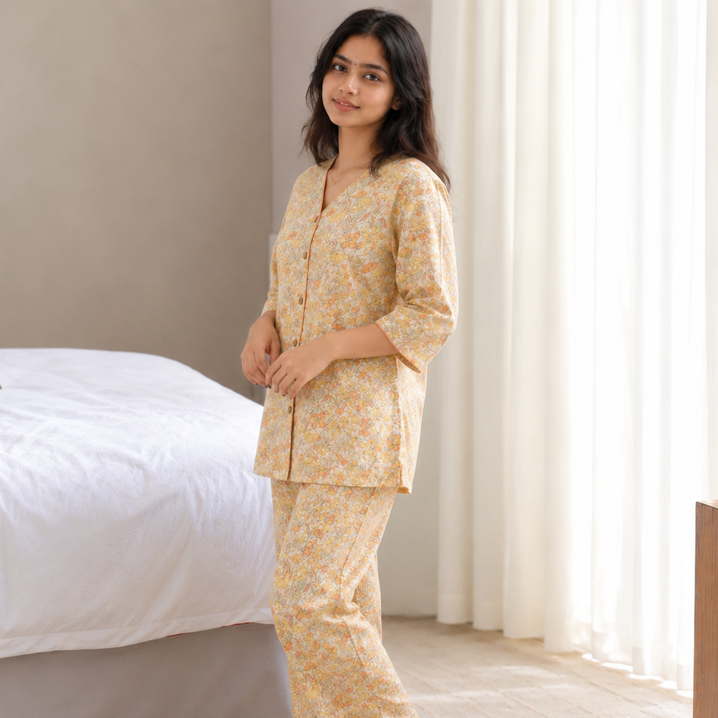 ZeroBra Golden Meadow Padded Lounge Set in warm gold tones, comfortable Indian women's pajama set