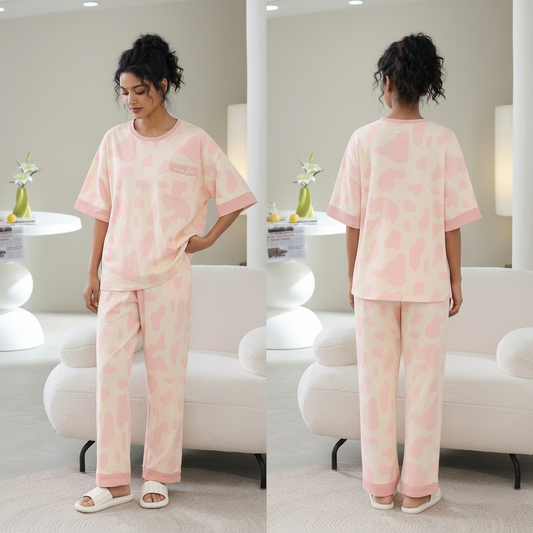 Blush Moo Dream PJ Set in soft pink with comfortable padded bra top, ZeroBra Indian loungewear collection