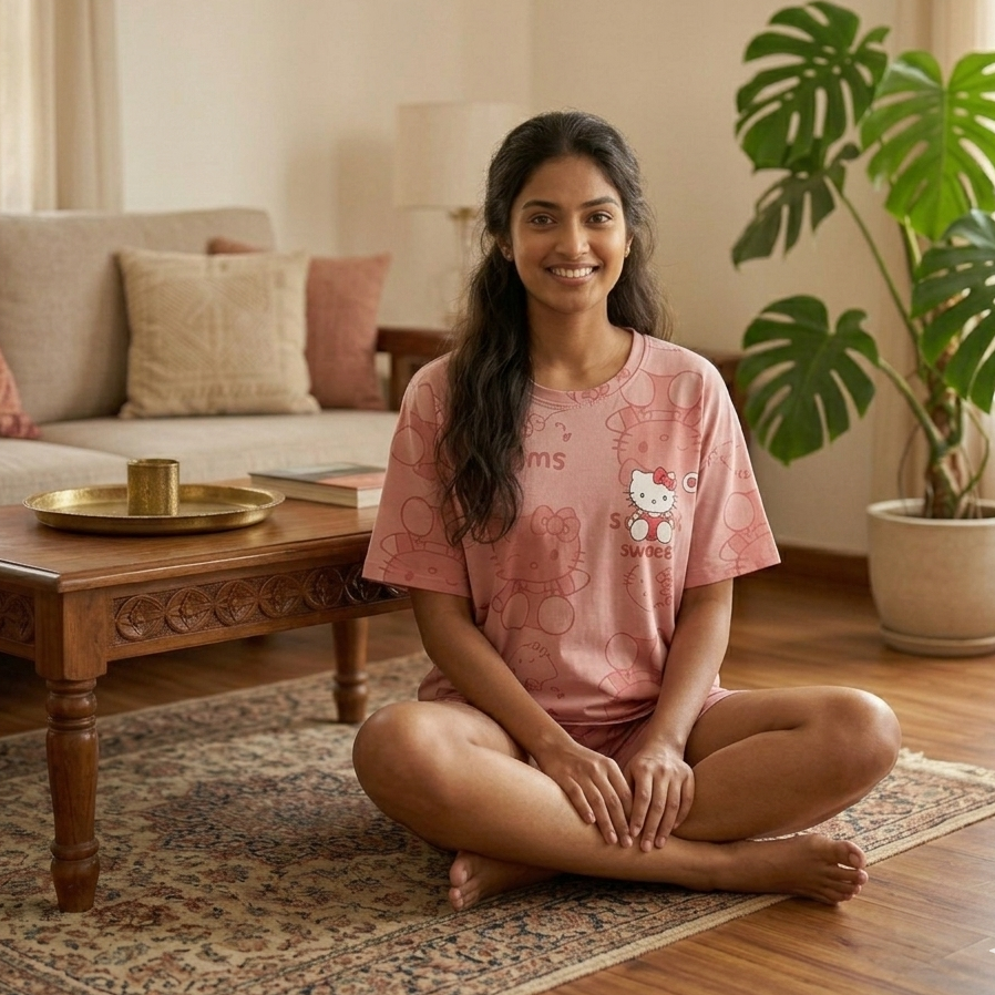 Sweet Kitty Dream Lounge Set in soft pink with built-in padded bra, comfortable Indian nightwear by ZeroBra