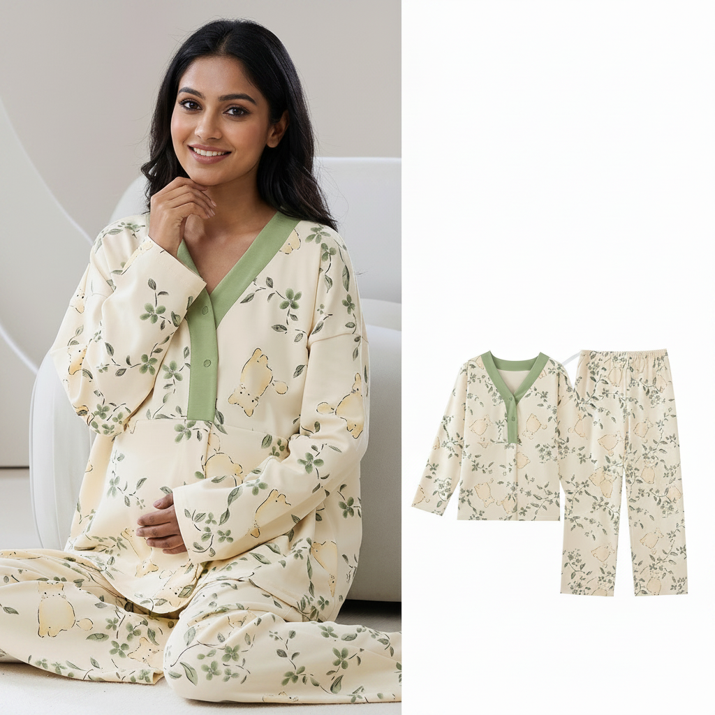 ZeroBra Maternity Meadow Bear PJ Set in soft pastels showing comfortable padded Indian maternity sleepwear design
