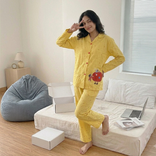 Sunny Apple Padded Pajama Set in cheerful yellow with comfortable padded top, cozy sleepwear by ZeroBra India