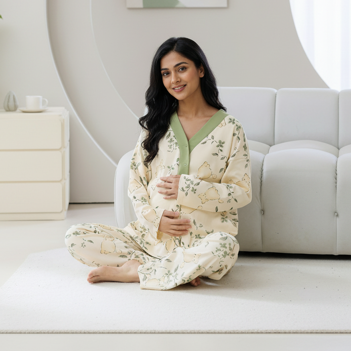 Maternity Meadow Bear PJ Set in soft pastel colors with padded comfort, comfortable Indian maternity wear by ZeroBra