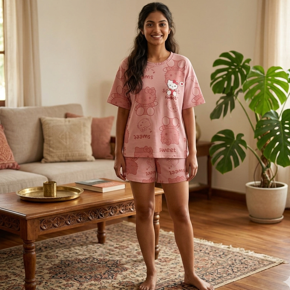 Sweet Kitty Dream Lounge Set in soft pink with built-in padded bra, comfortable Indian nightwear by ZeroBra