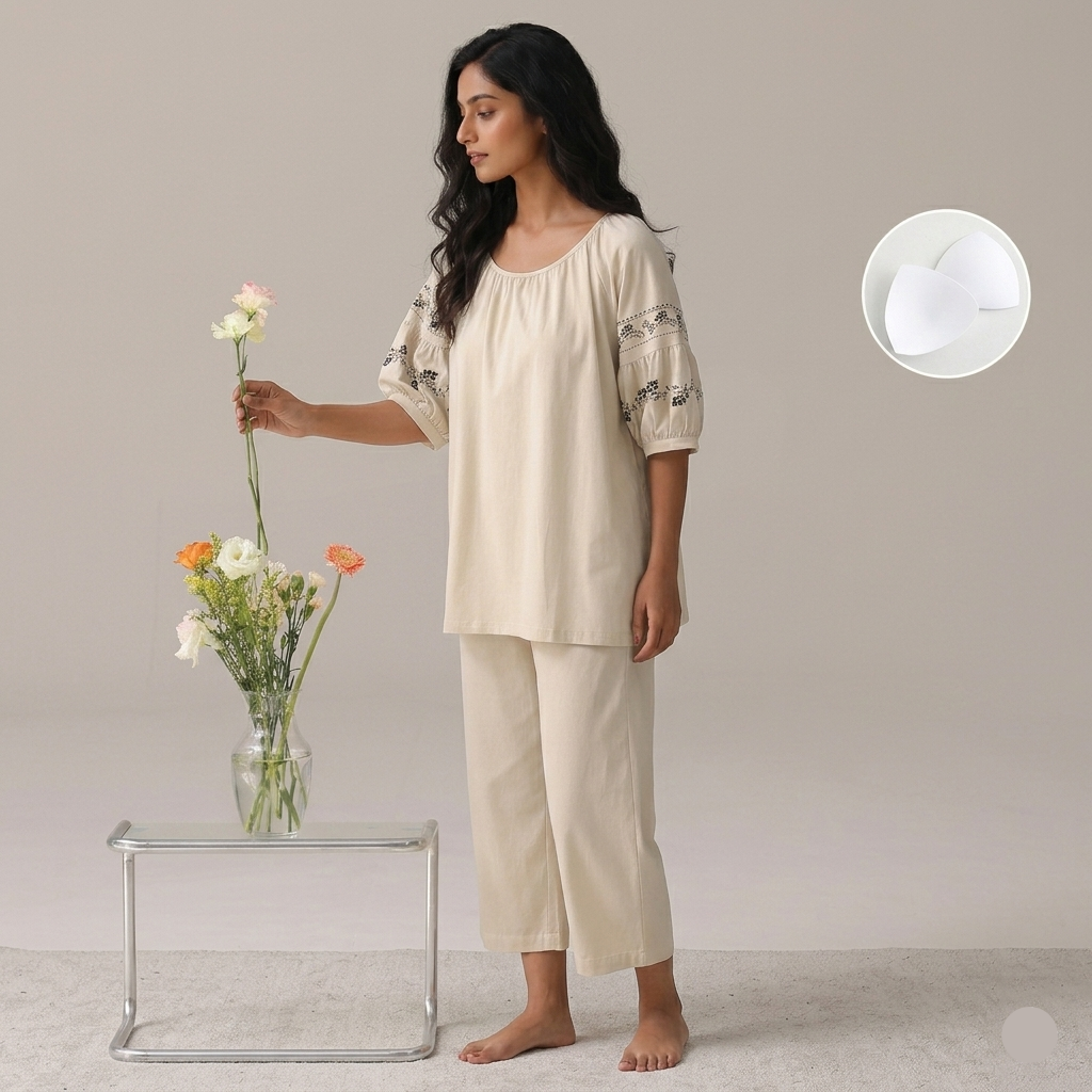 Moonlit Meadow Embroidered Lounge Set in ivory with delicate embroidery, comfortable Indian sleepwear by ZeroBra