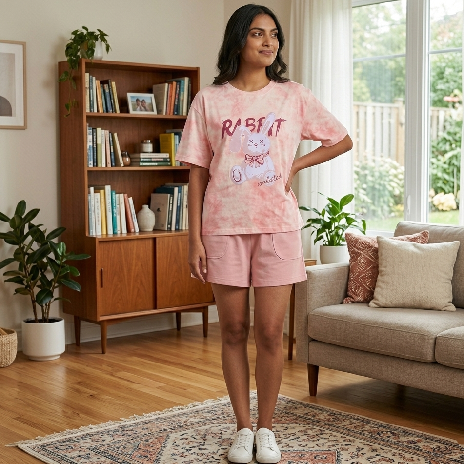 Blush pink Bunny Summer Lounge Set pajamas with built-in padded bra, comfortable Indian loungewear by ZeroBra