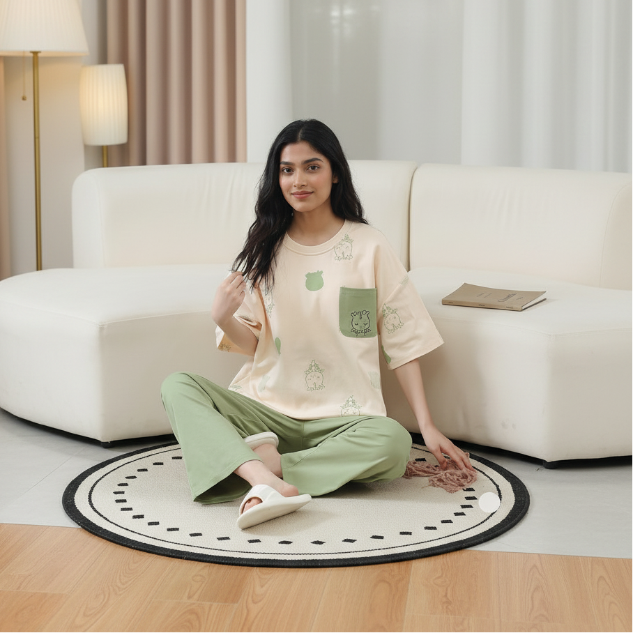 ZeroBra Froggy Garden PJ Set with padded bra top in green print, comfortable Indian sleepwear for women