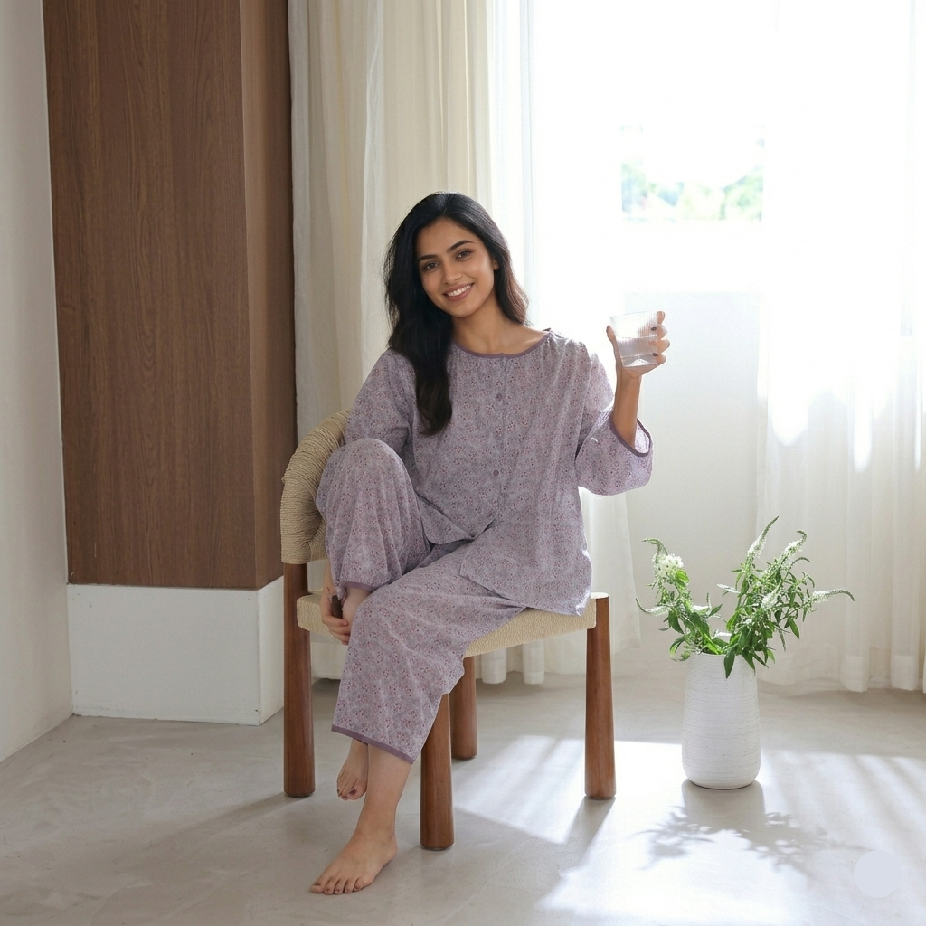 Lavender Meadow padded PJ set in lilac bloom showing comfortable Indian sleepwear with floral print by ZeroBra
