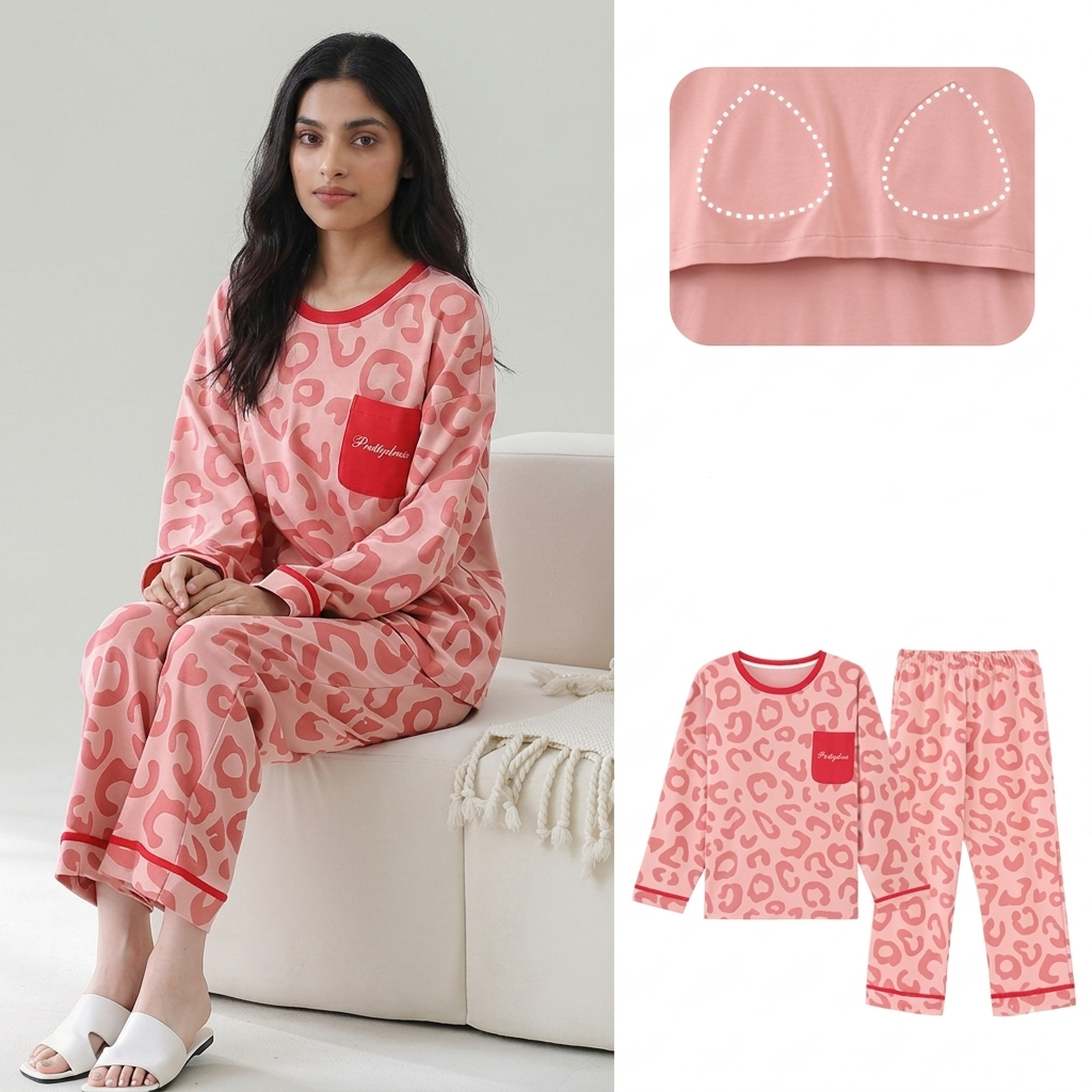 Cherry Leopard PJ Set with padded bra top in vibrant red cherry print - comfortable Indian lingerie by ZeroBra