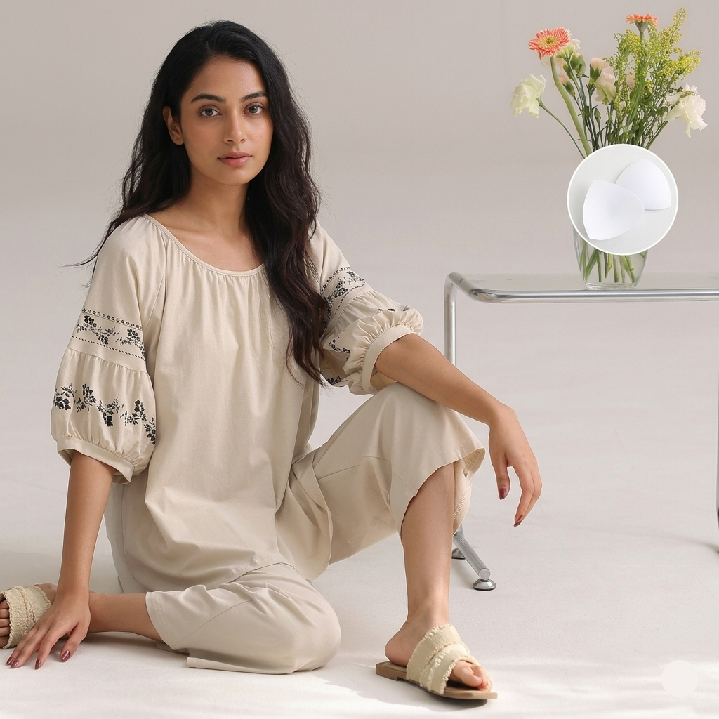 Moonlit Meadow ivory embroidered lounge set with delicate floral details, comfortable Indian sleepwear by ZeroBra