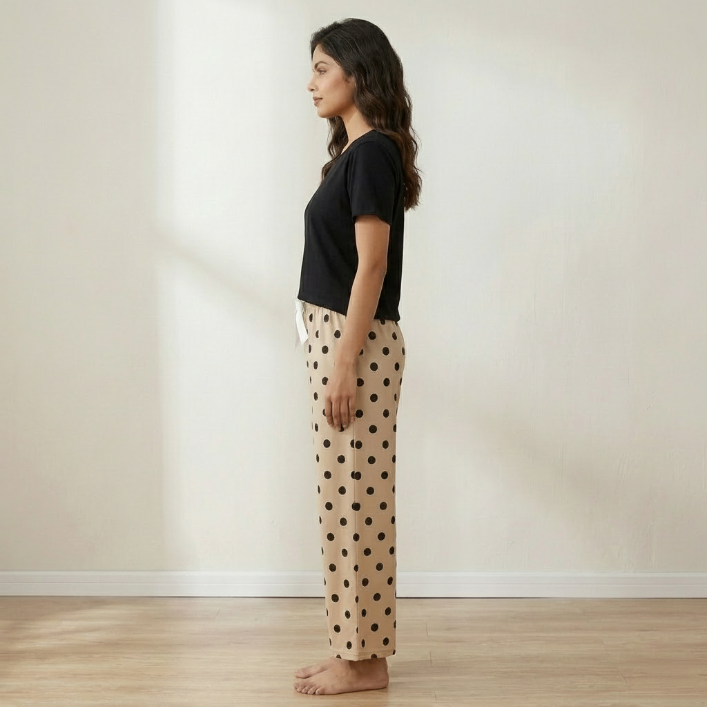 Parisian Polka Lounge Set in soft fabric with built-in padded bra, comfortable Indian nightwear by ZeroBra