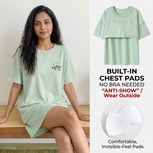 Mint green Teddy Sleep Tee with built-in padded bra comfort by ZeroBra, soft loungewear for Indian women