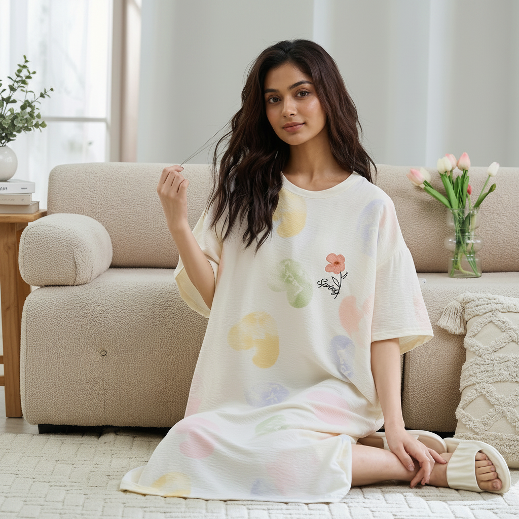 ZeroBra Nightgown 12 in soft fabric, comfortable Indian lingerie design for women's sleepwear