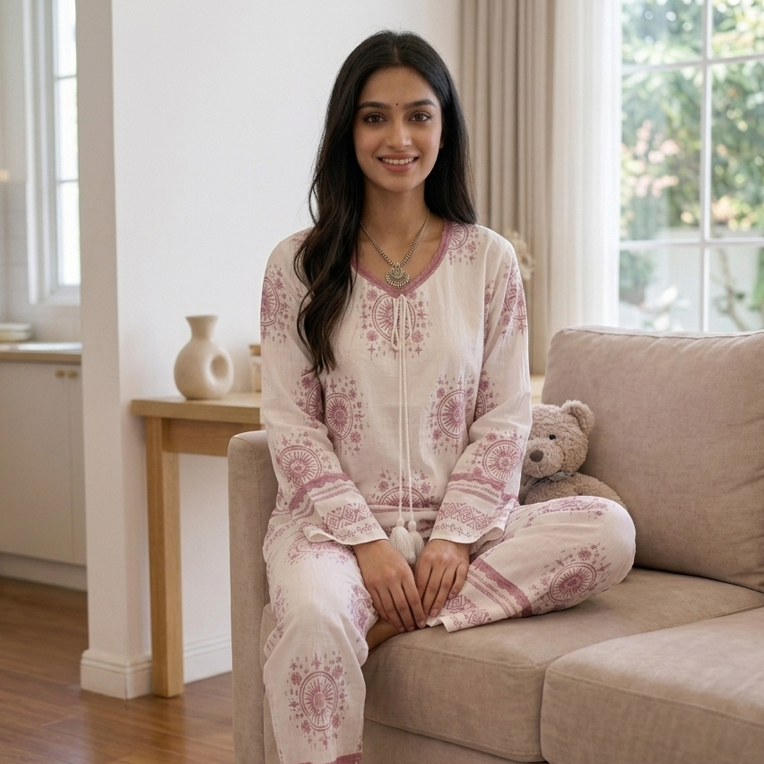 Boho Blossom Comfort Lounge Set in soft floral print - cozy Indian nightwear with built-in padded bra support