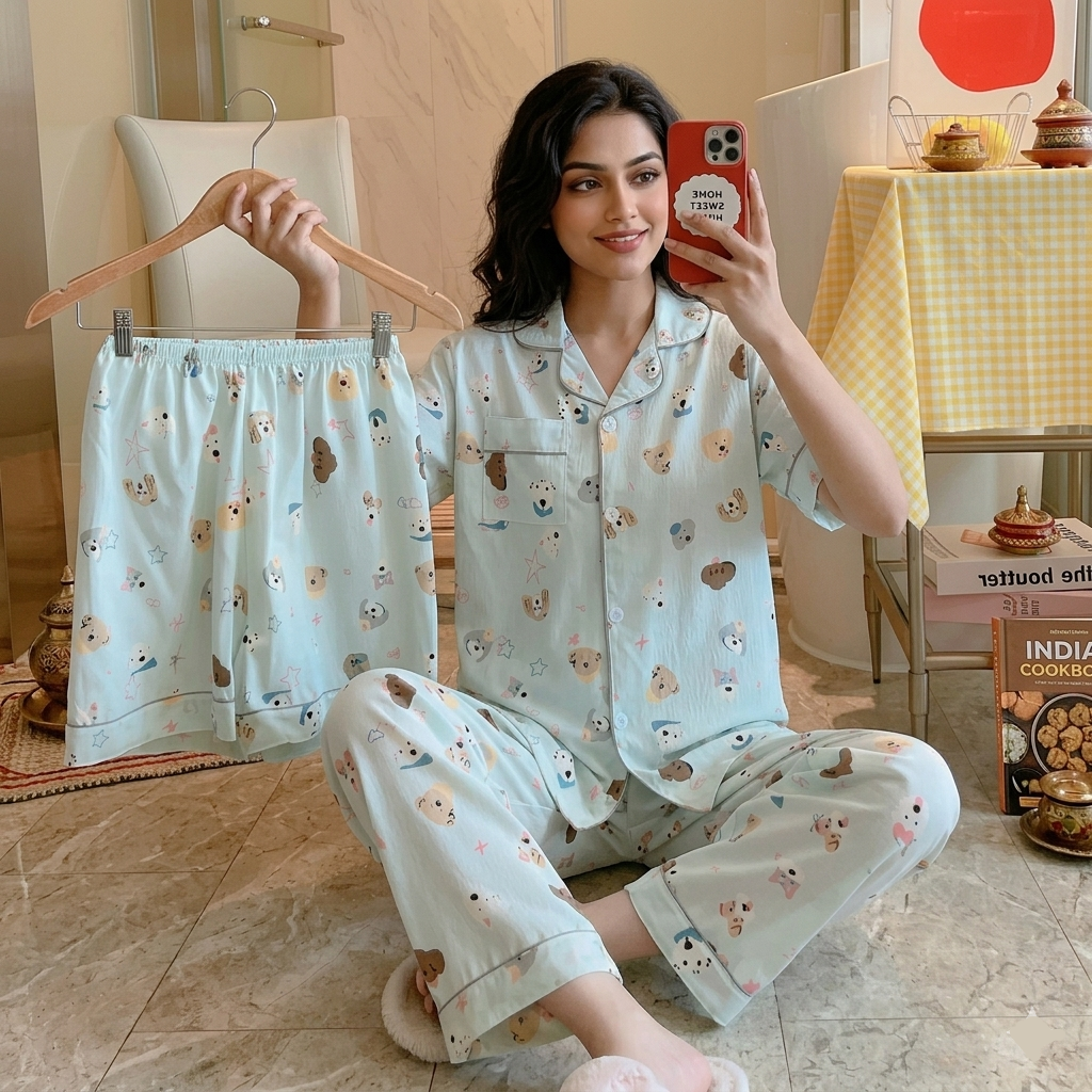 Sky Puppy Dreams 3-piece padded pajama set in soft blue with cute cartoon puppies, comfortable sleepwear by ZeroBra
