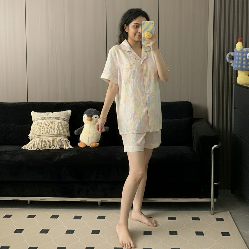Pastel Dreamscape 3-piece padded PJ set in soft candy cloud colors, comfortable Indian lingerie by ZeroBra
