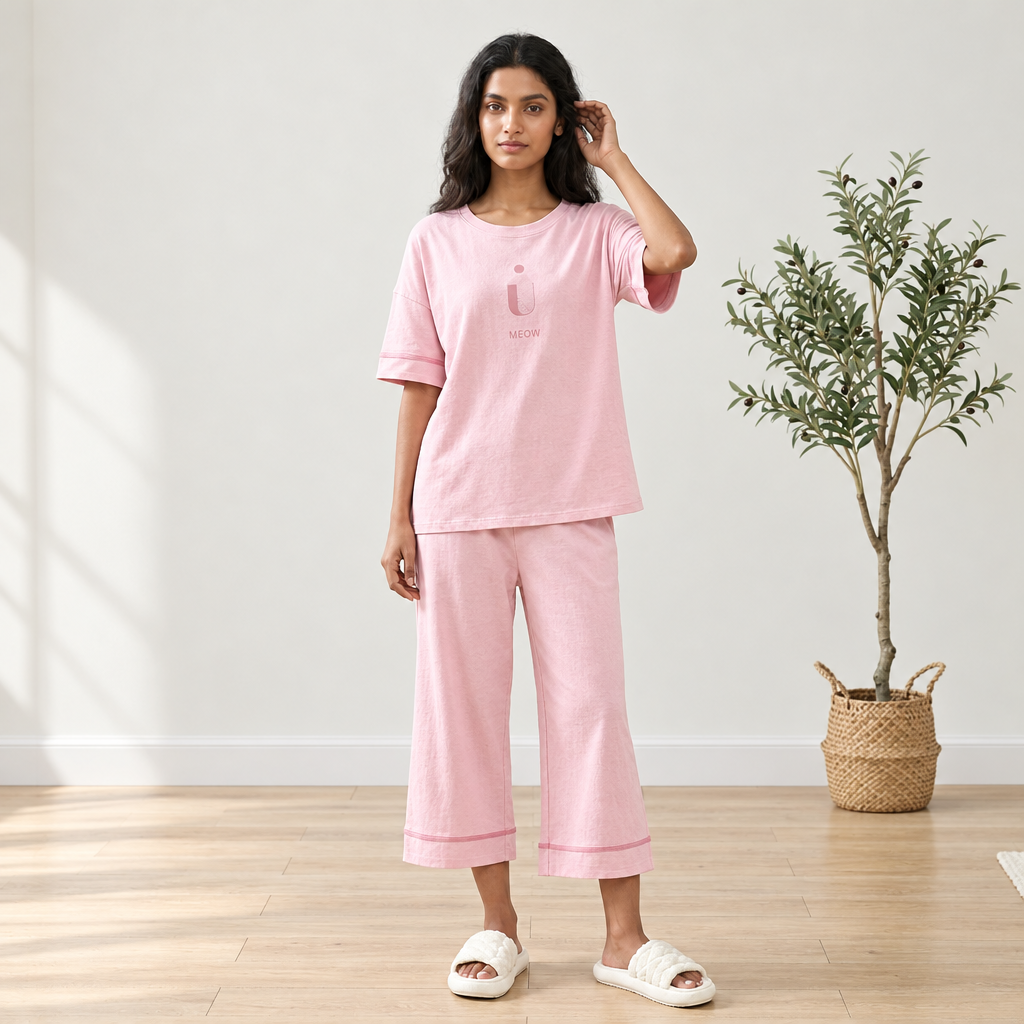 Blush Meow Lounge Set in soft pink with built-in padded bra, comfortable Indian sleepwear by ZeroBra