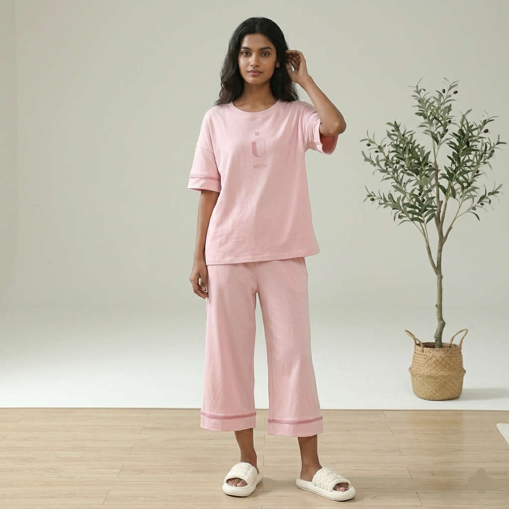 Blush Meow Lounge Set in soft pink with built-in padded bra, comfortable Indian sleepwear by ZeroBra