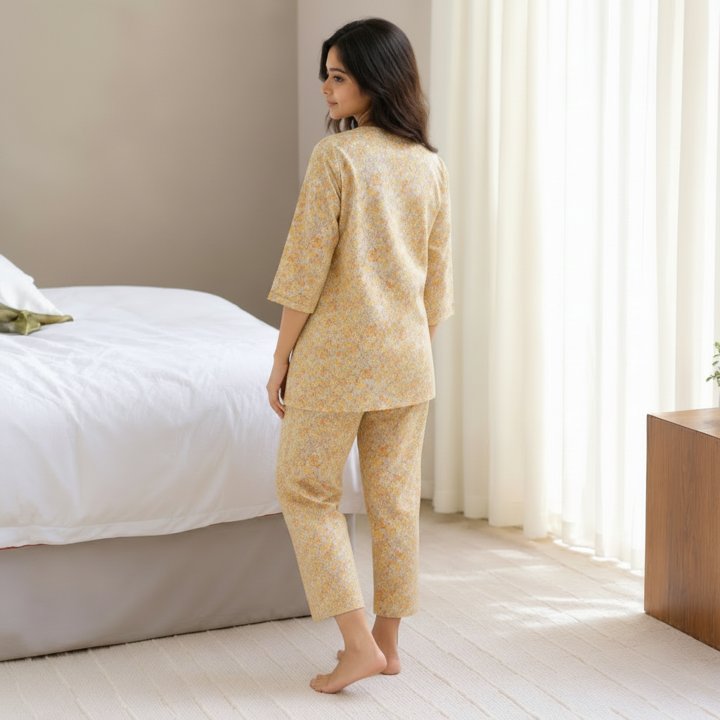 ZeroBra Golden Meadow Padded Lounge Set in warm golden tones — comfortable Indian pajama set with built-in bra support