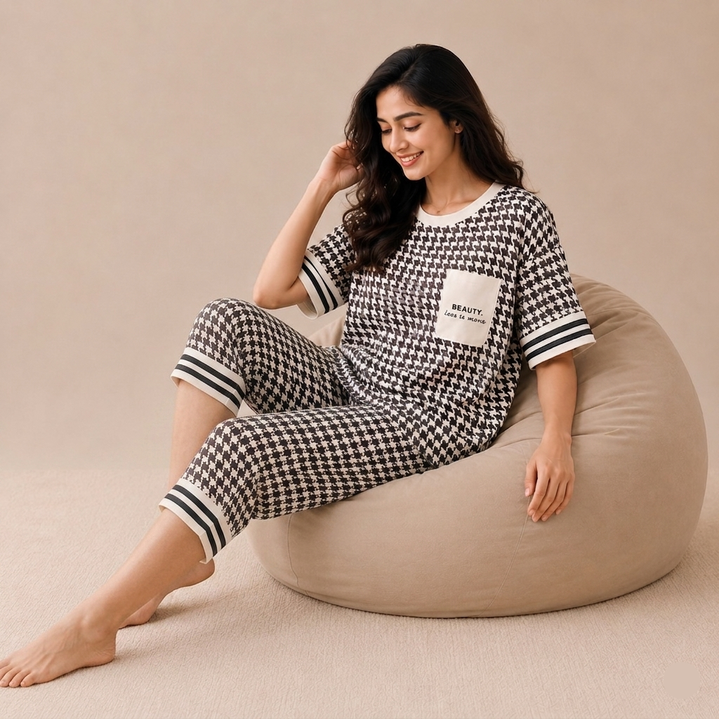 Monochrome Muse Pajama Set in black and white with built-in padded bra comfort, ZeroBra Indian sleepwear